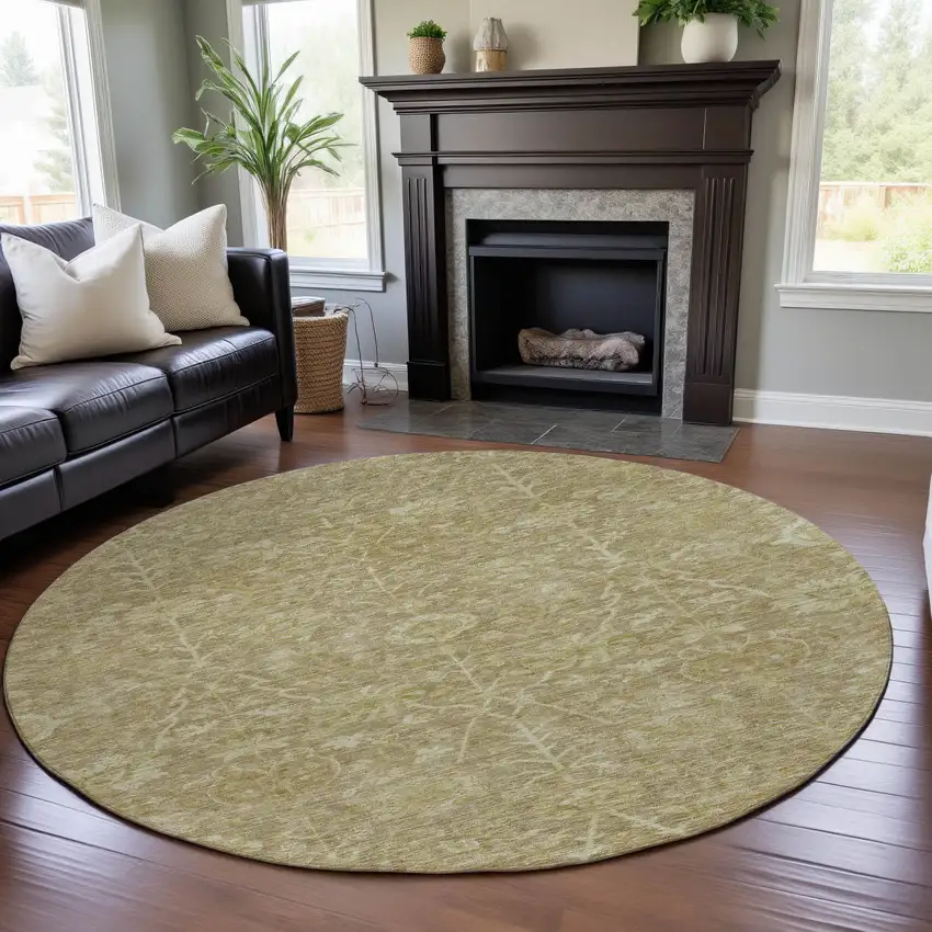 8' Tan And Beige Floral Washable Round Rug With UV Protection Photo 3