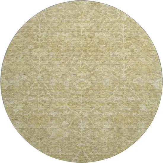 8' Tan And Beige Floral Washable Round Rug With UV Protection Photo 1