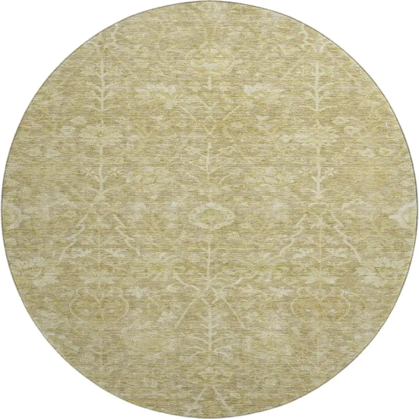 8' Tan And Beige Floral Washable Round Rug With UV Protection Photo 1