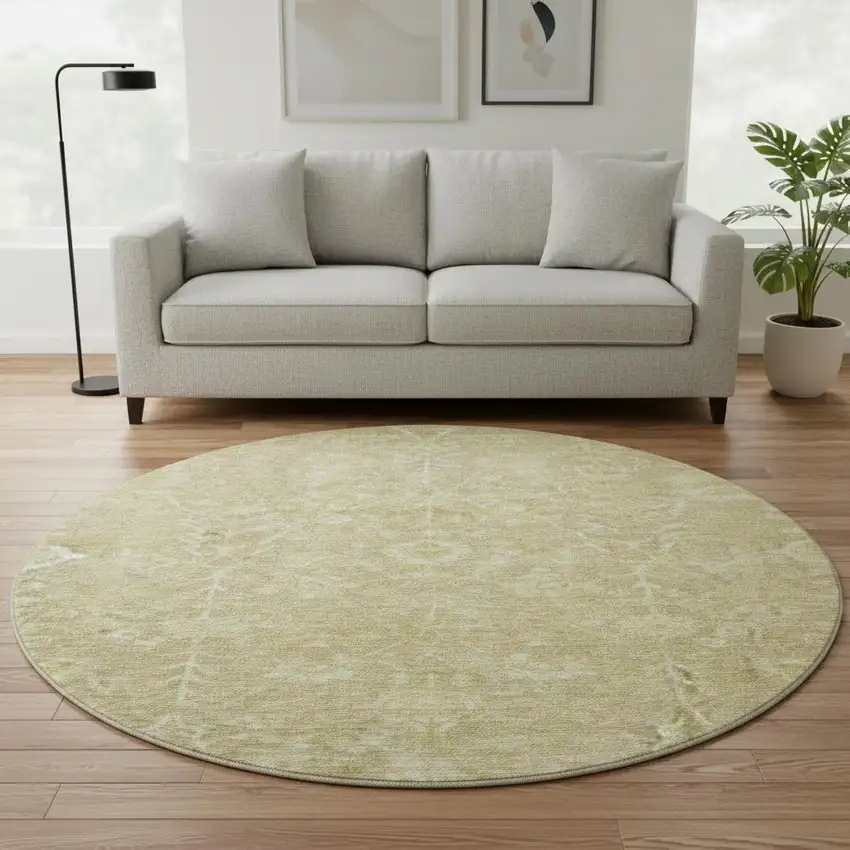 8' Tan And Beige Floral Washable Round Rug With UV Protection Photo 2