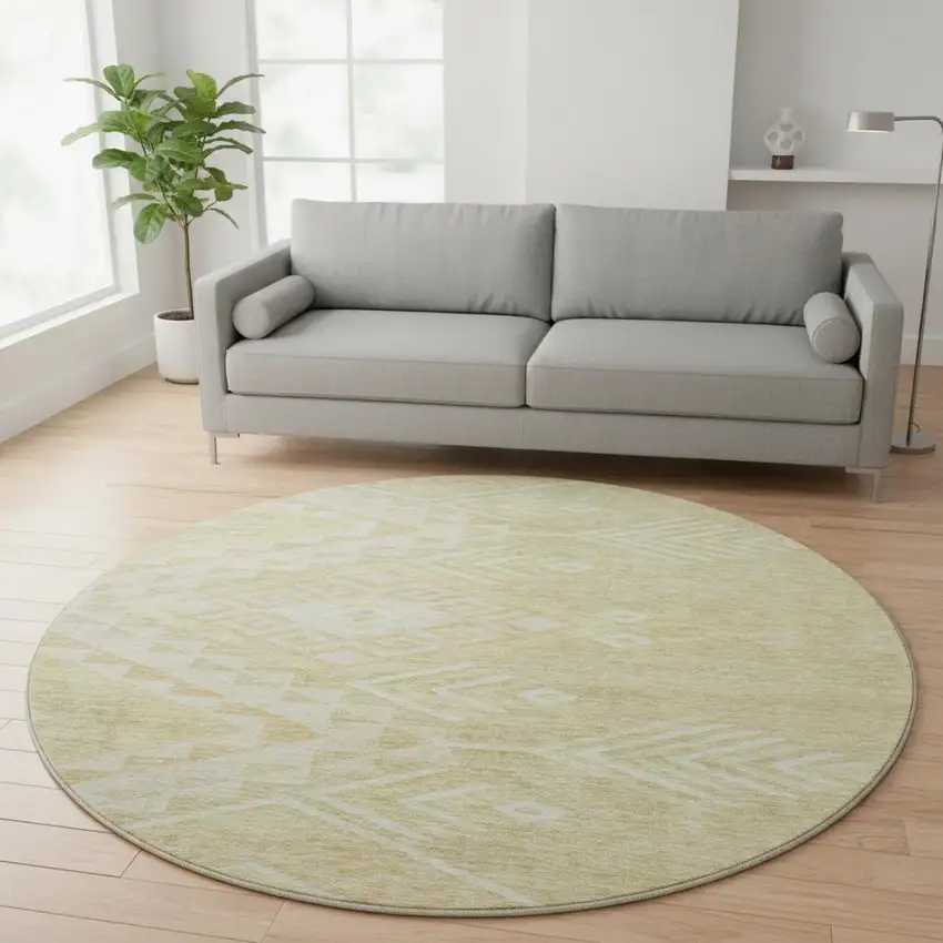 8' Tan And Beige Geometric Washable Round Rug With UV Protection Photo 2