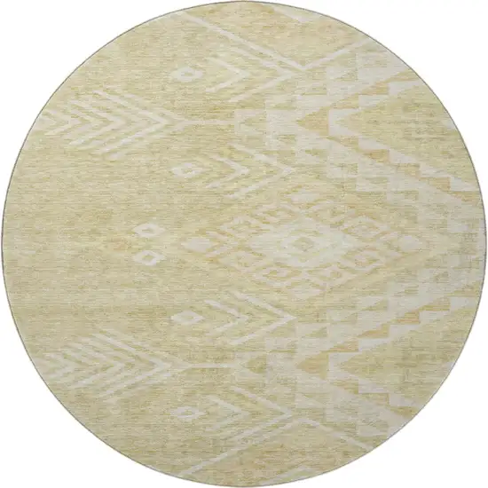 8' Tan And Beige Geometric Washable Round Rug With UV Protection Photo 3