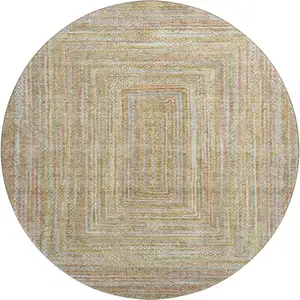 Photo of 8' Tan And Beige Geometric Washable Round Rug With UV Protection