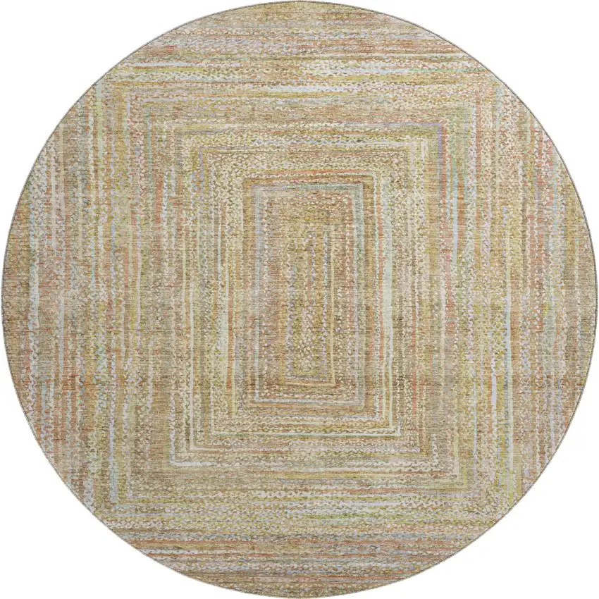 8' Tan And Beige Geometric Washable Round Rug With UV Protection Photo 1