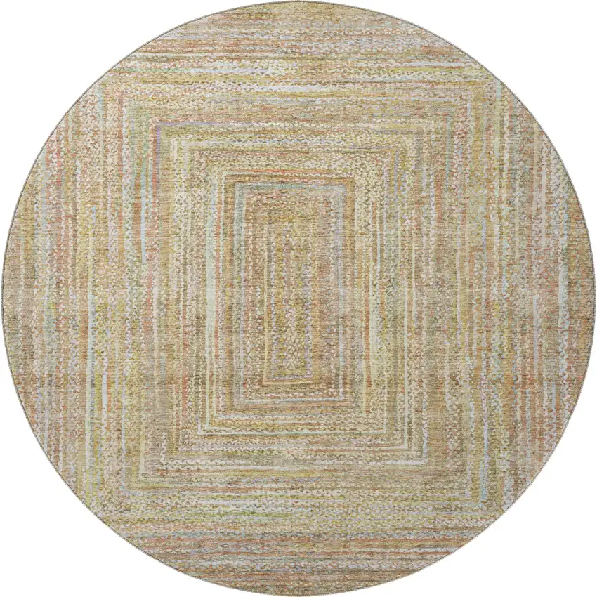 8' Tan And Beige Geometric Washable Round Rug With UV Protection Photo 2