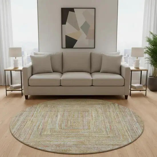 8' Tan And Beige Geometric Washable Round Rug With UV Protection Photo 2