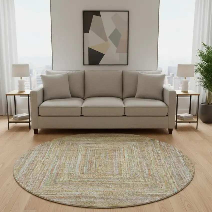 8' Tan And Beige Geometric Washable Round Rug With UV Protection Photo 2