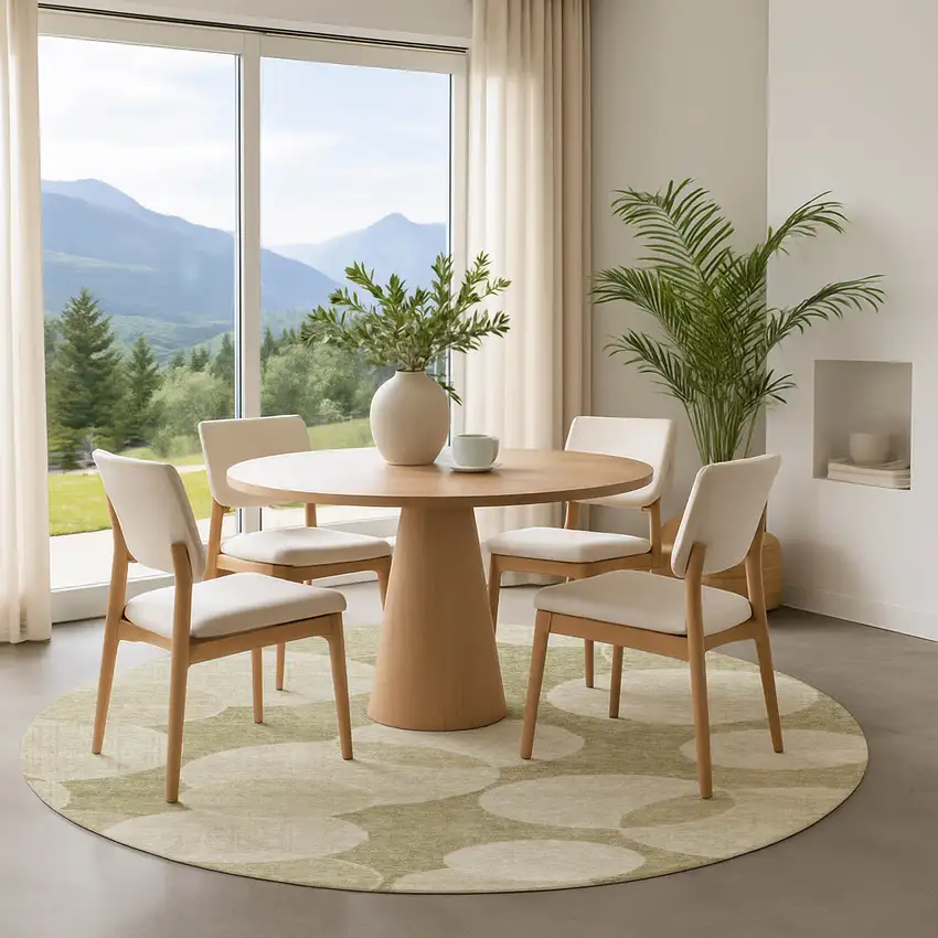 8' Tan And Beige Geometric Washable Round Rug With UV Protection Photo 4