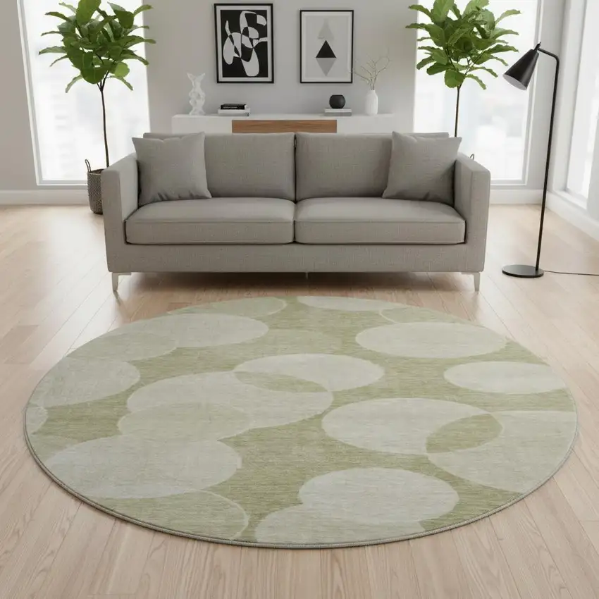 8' Tan And Beige Geometric Washable Round Rug With UV Protection Photo 2