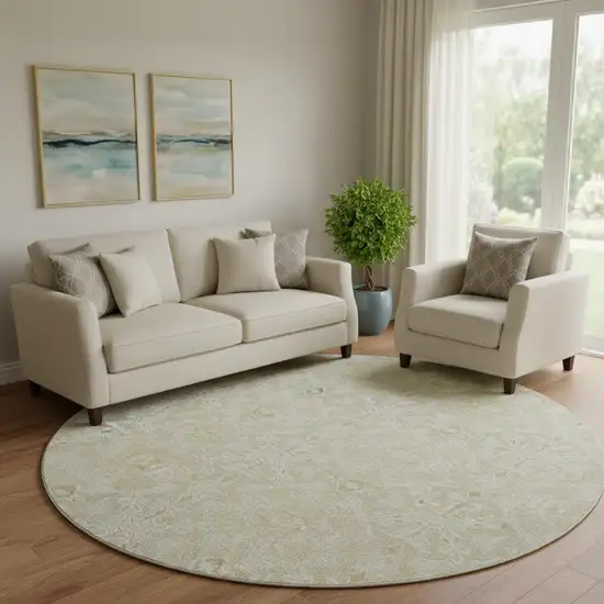 8' Tan And Beige Medallion Washable Round Rug With UV Protection Photo 1