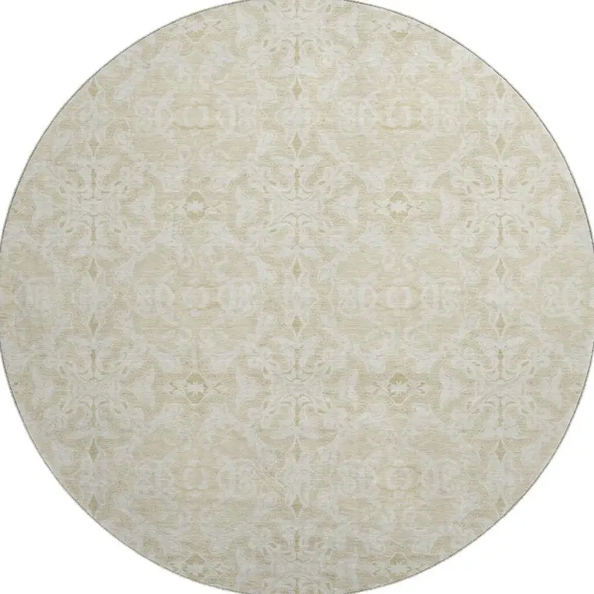 8' Tan And Beige Medallion Washable Round Rug With UV Protection Photo 3