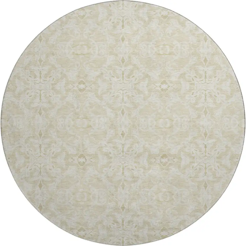 8' Tan And Beige Medallion Washable Round Rug With UV Protection Photo 1