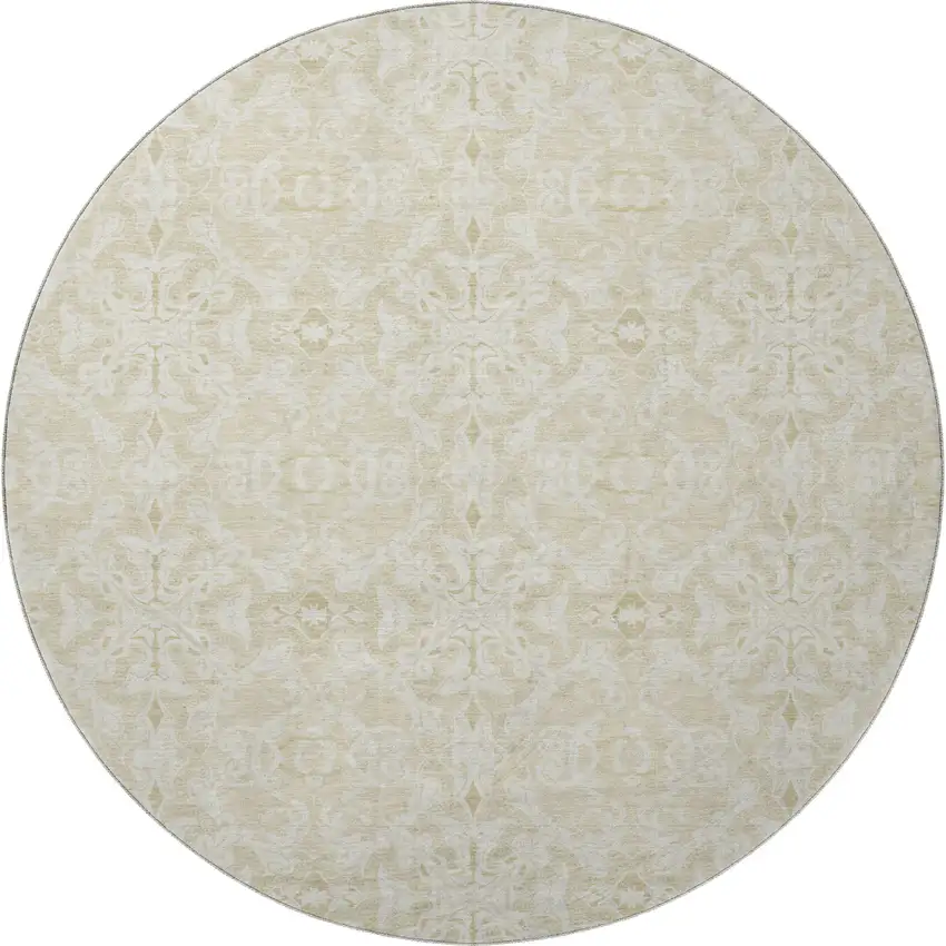 8' Tan And Beige Medallion Washable Round Rug With UV Protection Photo 4
