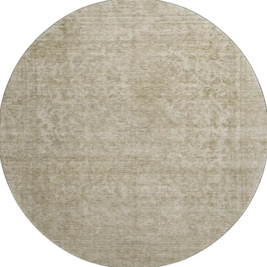 8' Tan And Beige Oriental Washable Round Rug With UV Protection Photo 3