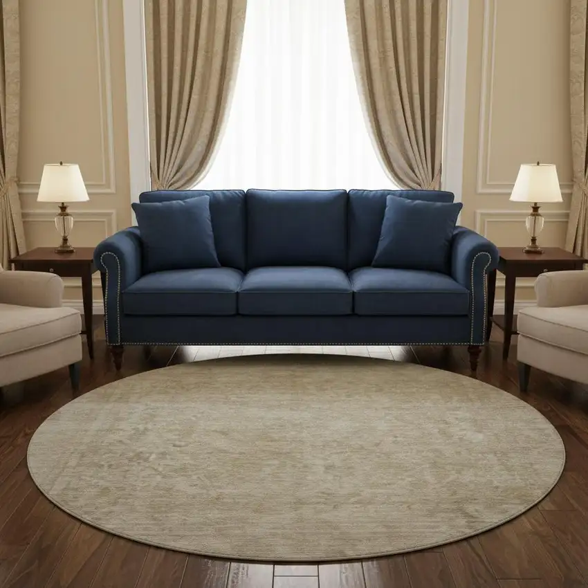 8' Tan And Beige Oriental Washable Round Rug With UV Protection Photo 2