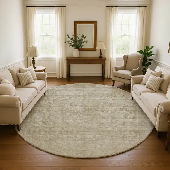 8' Tan And Beige Oriental Washable Round Rug With UV Protection Photo 5