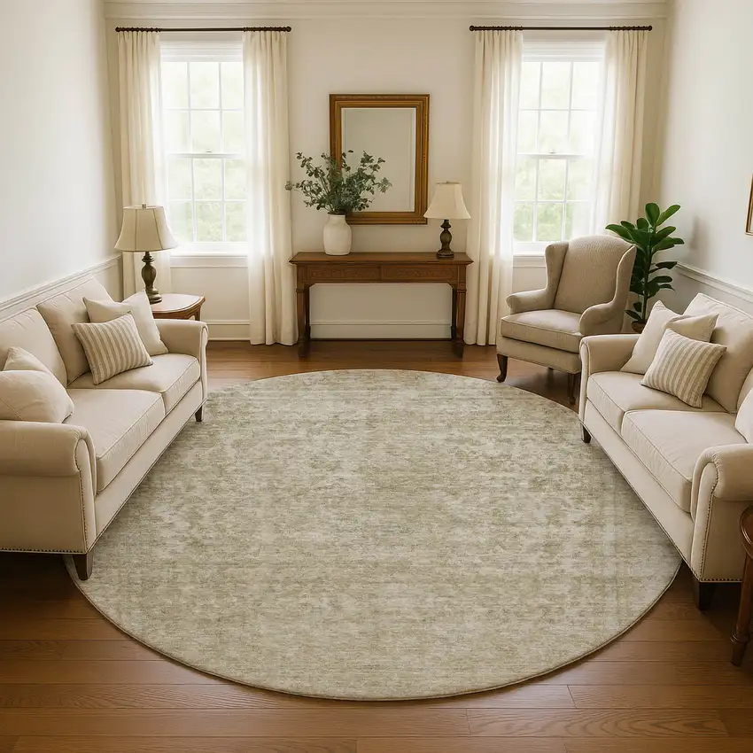 8' Tan And Beige Oriental Washable Round Rug With UV Protection Photo 5