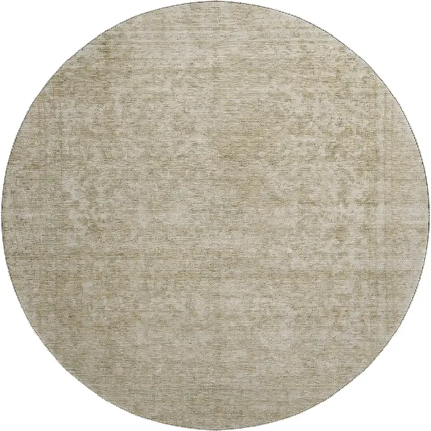 8' Tan And Beige Oriental Washable Round Rug With UV Protection Photo 1