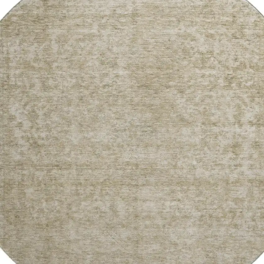 8' Tan And Beige Oriental Washable Round Rug With UV Protection Photo 2