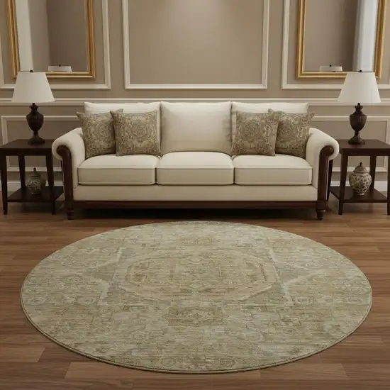 8' Tan And Beige Oriental Washable Round Rug With UV Protection Photo 2