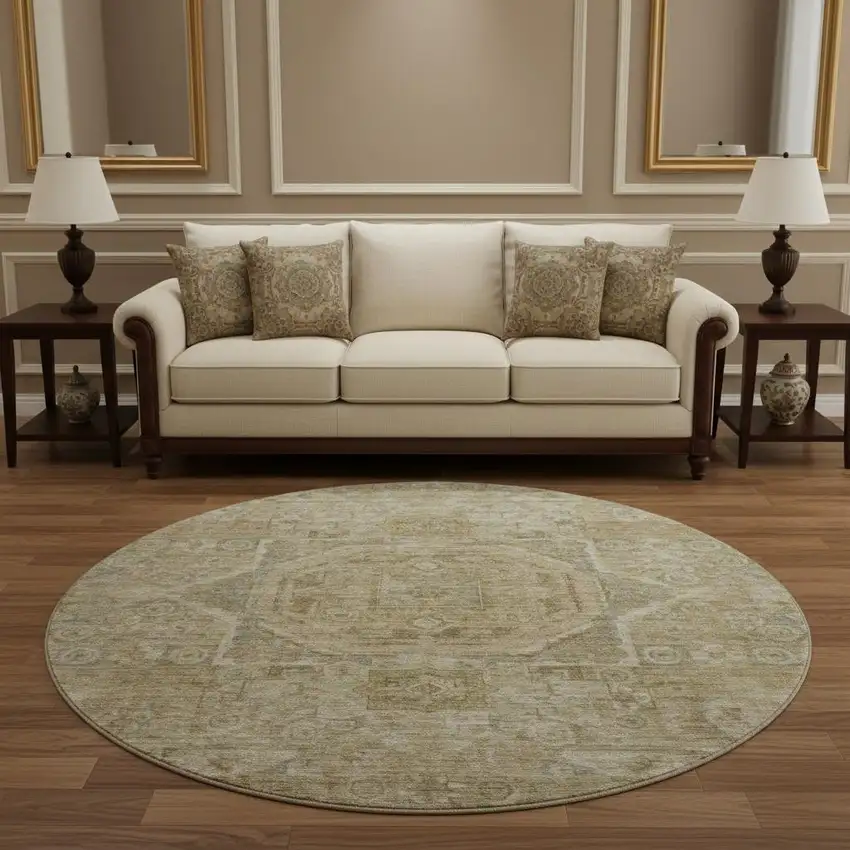 8' Tan And Beige Oriental Washable Round Rug With UV Protection Photo 2