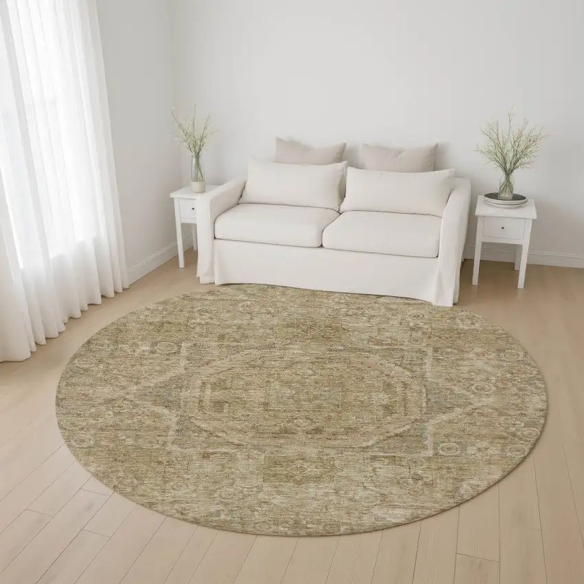 8' Tan And Beige Oriental Washable Round Rug With UV Protection Photo 4