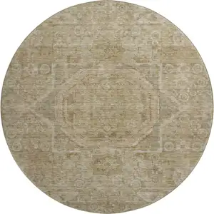 Photo of 8' Tan And Beige Oriental Washable Round Rug With UV Protection