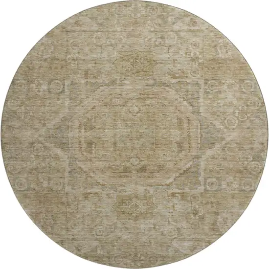 8' Tan And Beige Oriental Washable Round Rug With UV Protection Photo 1