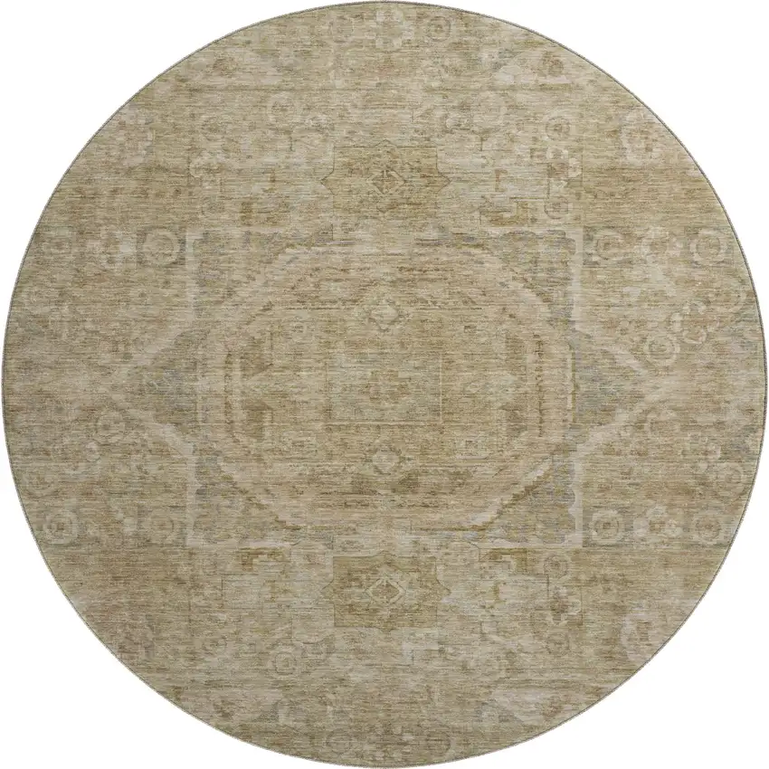 8' Tan And Beige Oriental Washable Round Rug With UV Protection Photo 1