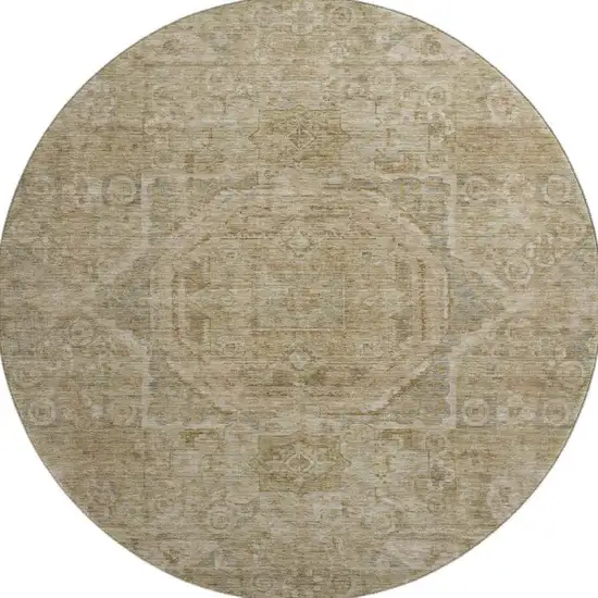 8' Tan And Beige Oriental Washable Round Rug With UV Protection Photo 3
