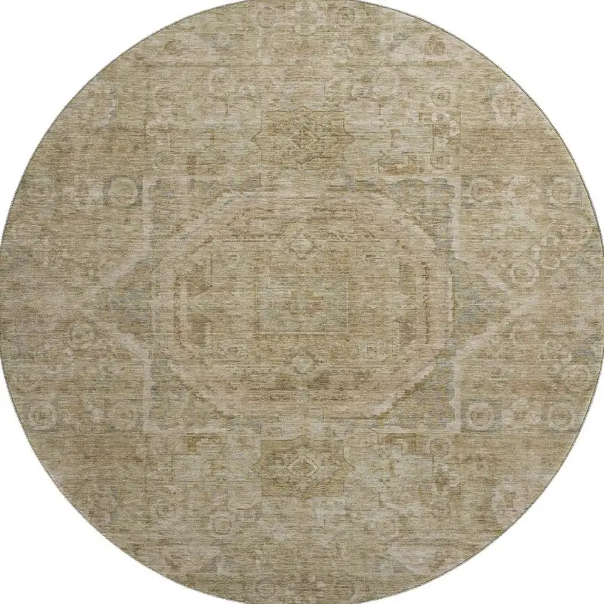 8' Tan And Beige Oriental Washable Round Rug With UV Protection Photo 3