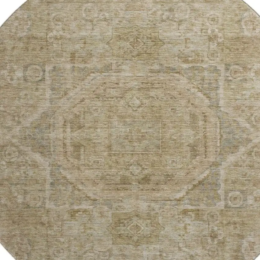 8' Tan And Beige Oriental Washable Round Rug With UV Protection Photo 2