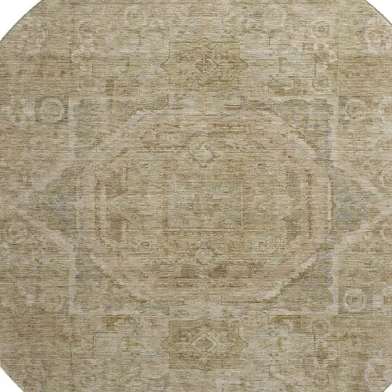 8' Tan And Beige Oriental Washable Round Rug With UV Protection Photo 2