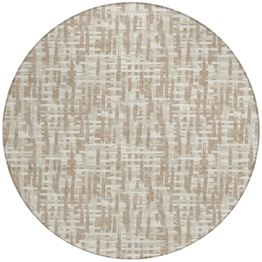 8' Tan And Beige Round Abstract Washable Indoor Outdoor Area Rug Photo 6