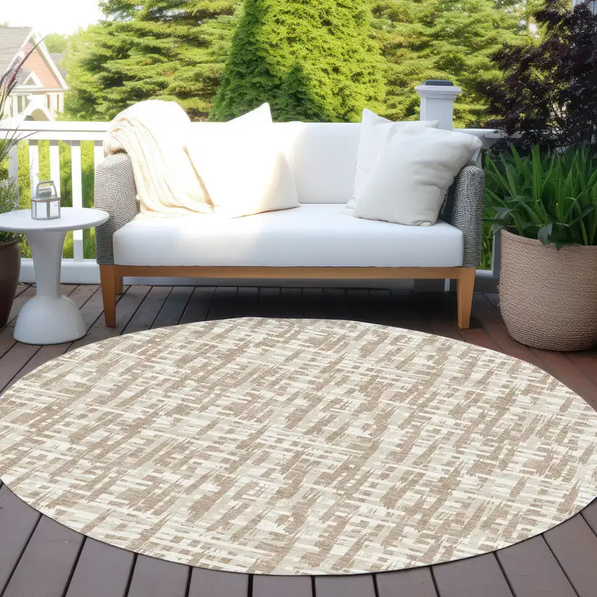8' Tan And Beige Round Abstract Washable Indoor Outdoor Area Rug Photo 7