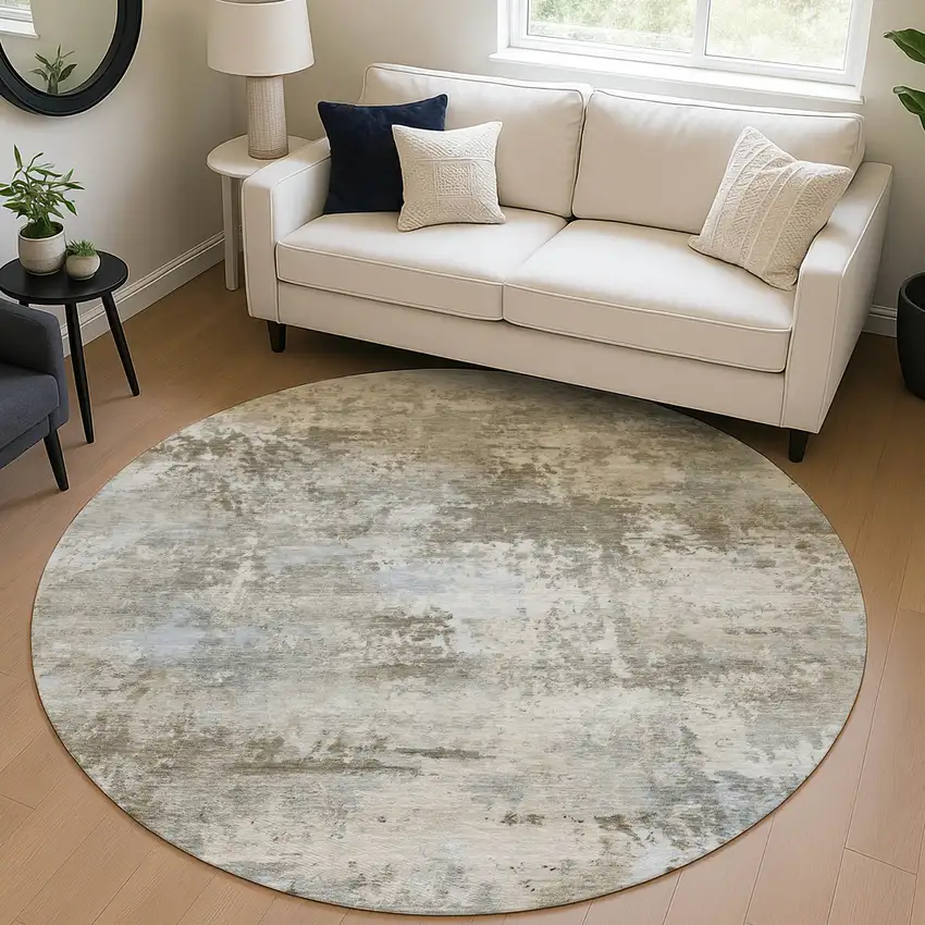 8' Tan And Beige Round Abstract Washable Indoor Outdoor Area Rug Photo 5