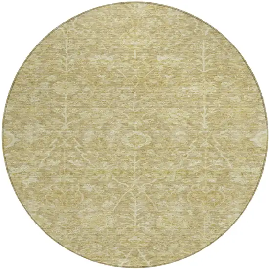 8' Tan And Beige Round Floral Washable Indoor Outdoor Area Rug Photo 2