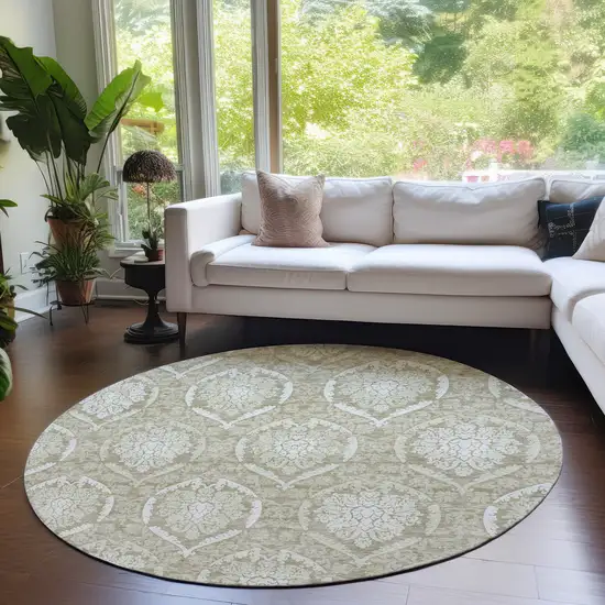 8' Tan And Beige Round Medallion Washable Indoor Outdoor Area Rug Photo 7
