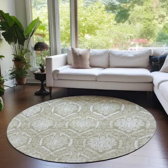 8' Tan And Beige Round Medallion Washable Indoor Outdoor Area Rug Photo 7