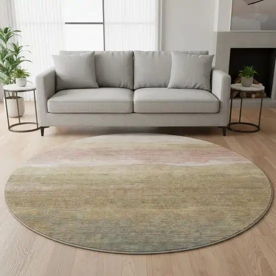 8' Tan And Beige Striped Washable Round Rug With UV Protection Photo 2