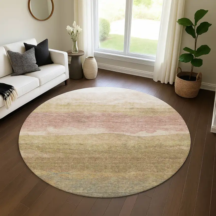 8' Tan And Beige Striped Washable Round Rug With UV Protection Photo 3