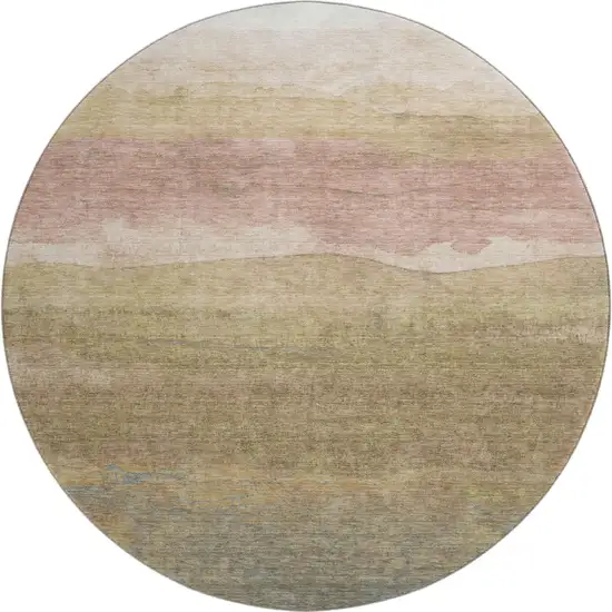 8' Tan And Beige Striped Washable Round Rug With UV Protection Photo 1
