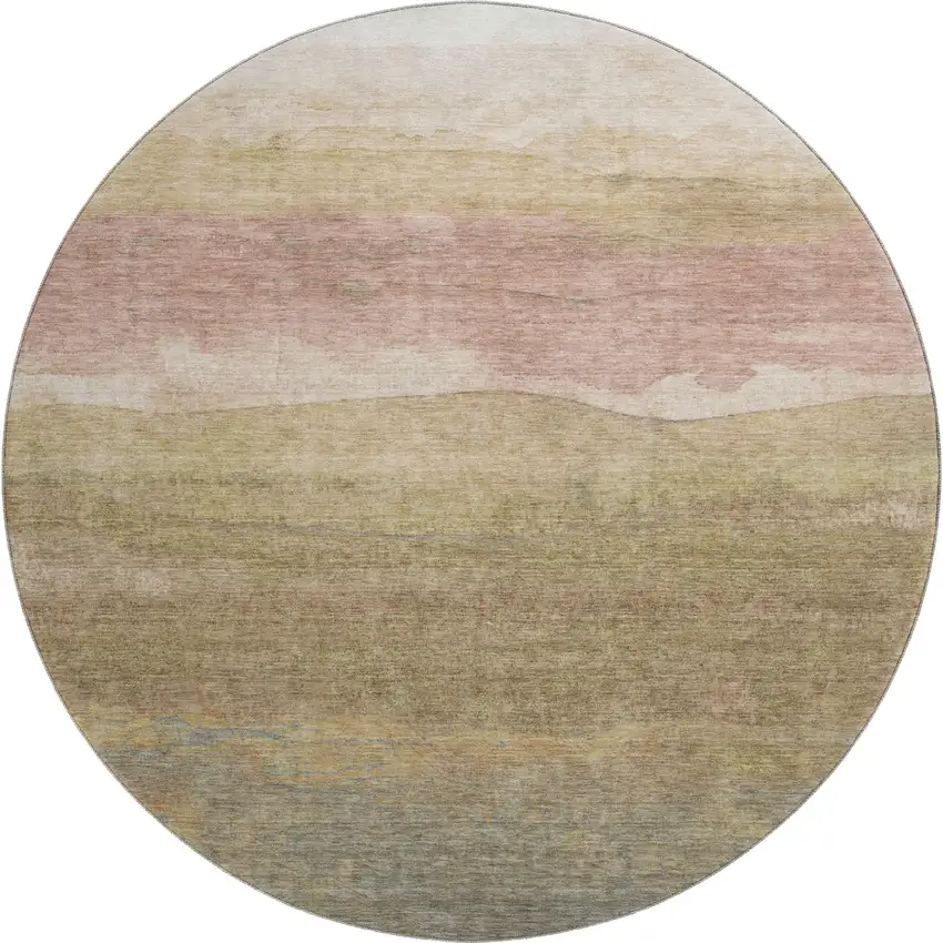 8' Tan And Beige Striped Washable Round Rug With UV Protection Photo 1