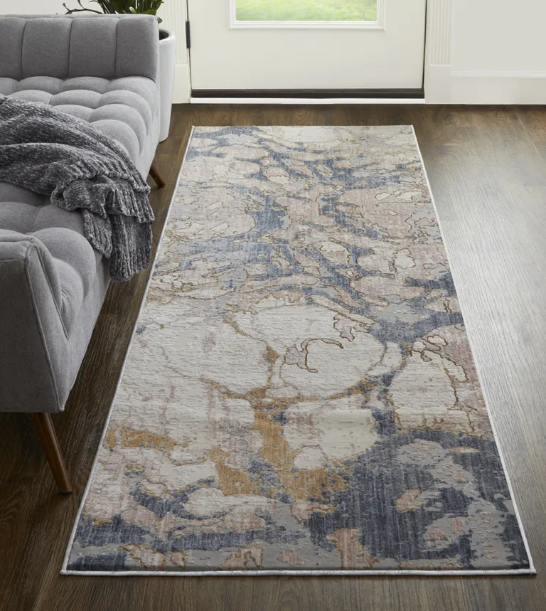 10' Tan And Blue Abstract Power Loom Distressed Runner Rug Photo 4