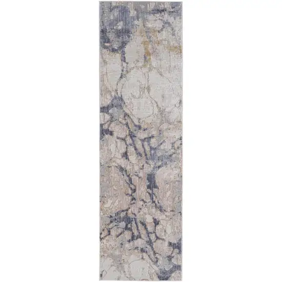 10' Tan And Blue Abstract Power Loom Distressed Runner Rug Photo 1