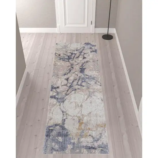 10' Tan And Blue Abstract Power Loom Distressed Runner Rug Photo 2