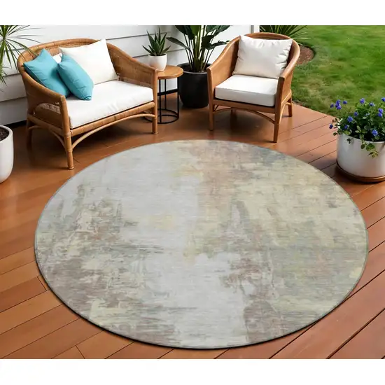 8' Tan And Brown Round Abstract Washable Indoor Outdoor Area Rug Photo 2