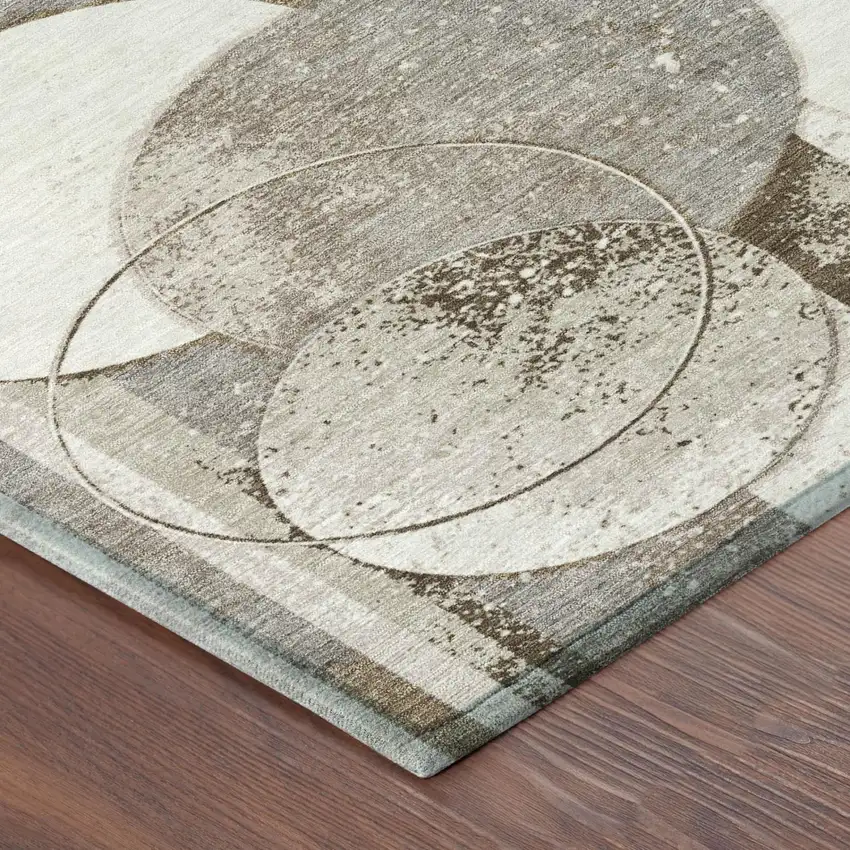 8' Tan And Brown Round Geometric Washable Indoor Outdoor Area Rug Photo 3