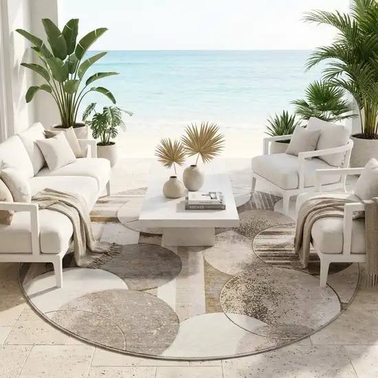 8' Tan And Brown Round Geometric Washable Indoor Outdoor Area Rug Photo 1