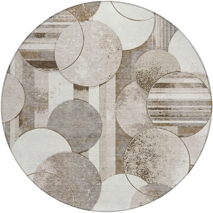 8' Tan And Brown Round Geometric Washable Indoor Outdoor Area Rug Photo 2